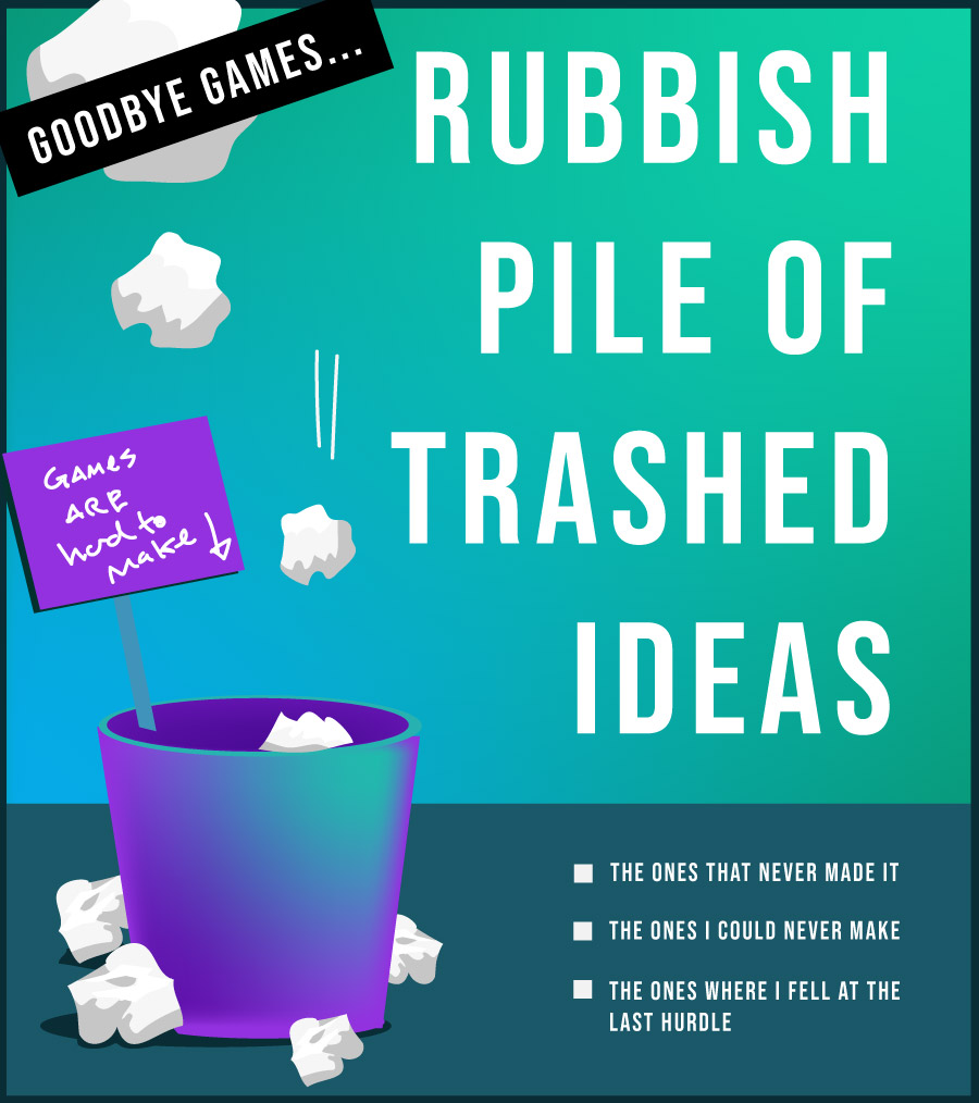 why is game development hard large green vector title graphic with bin of scrapped ideas