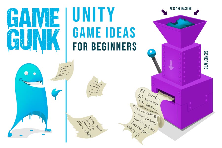 Unity game ideas for beginners title graphic with little blue blue blob IK and purple idea generator